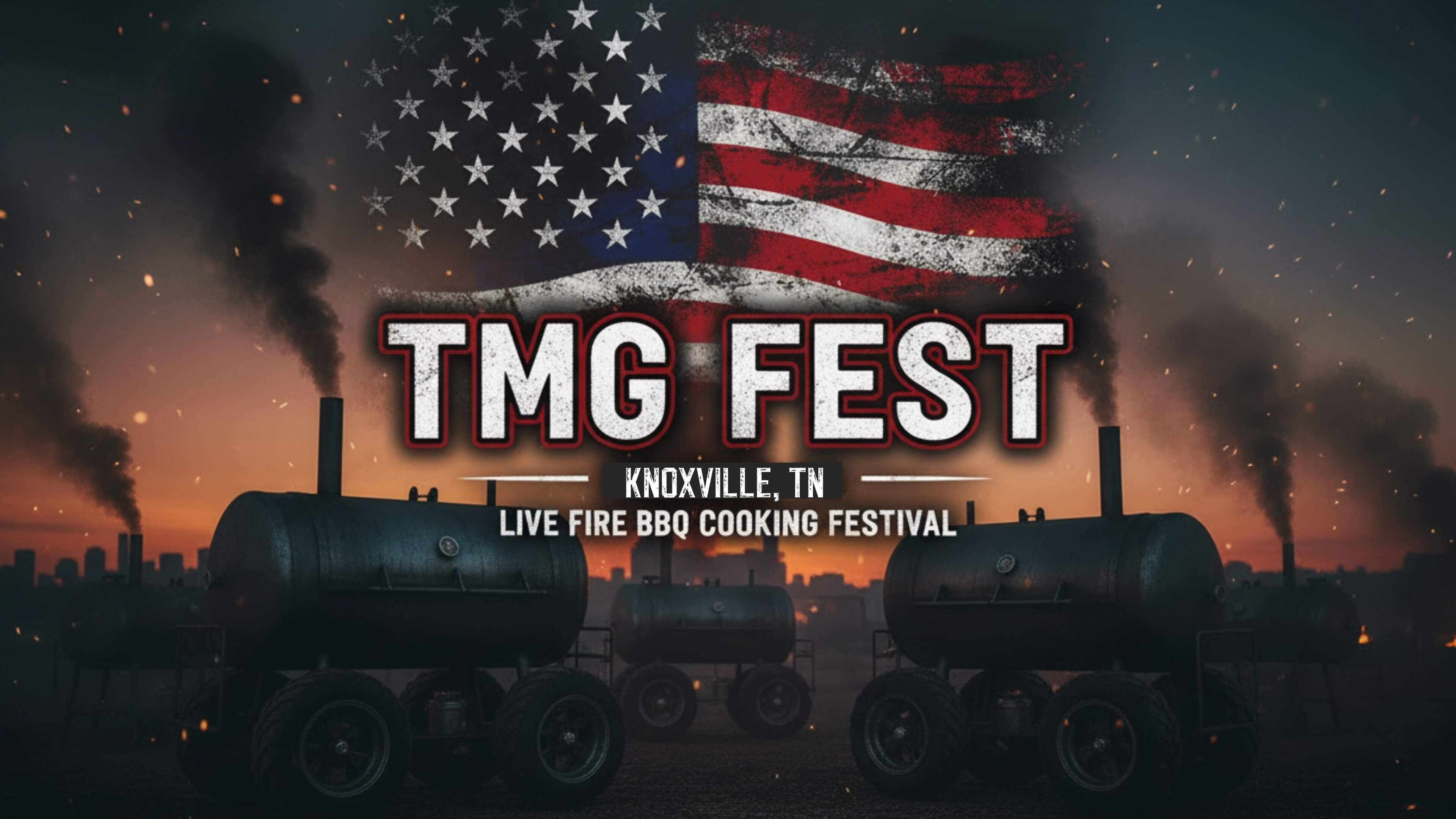 Promotional graphic for TMG Fest with American flag, text, and silhouettes of cooking equipment.