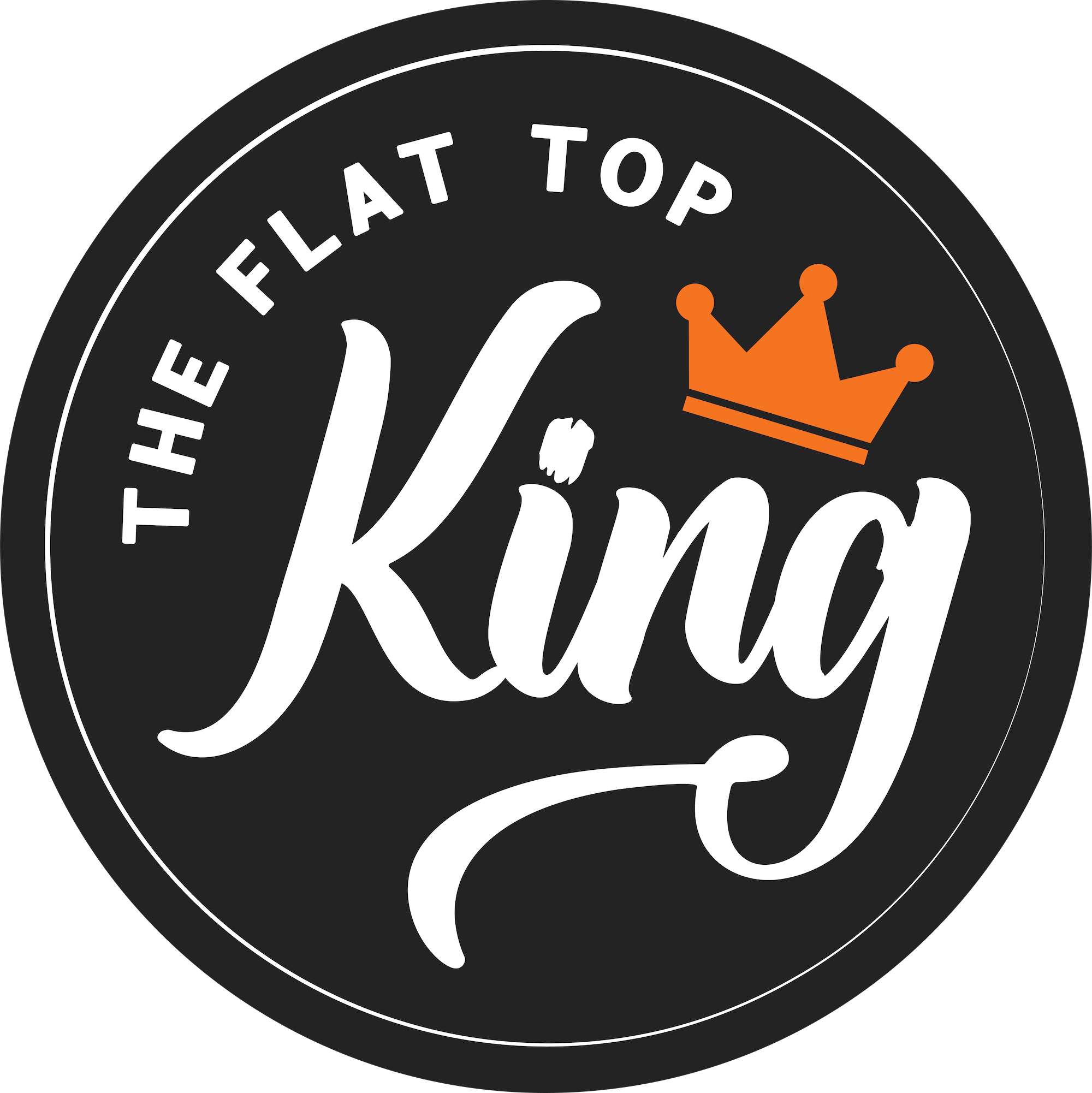 Logo of 'The Flat Top King' with an orange crown on a black background